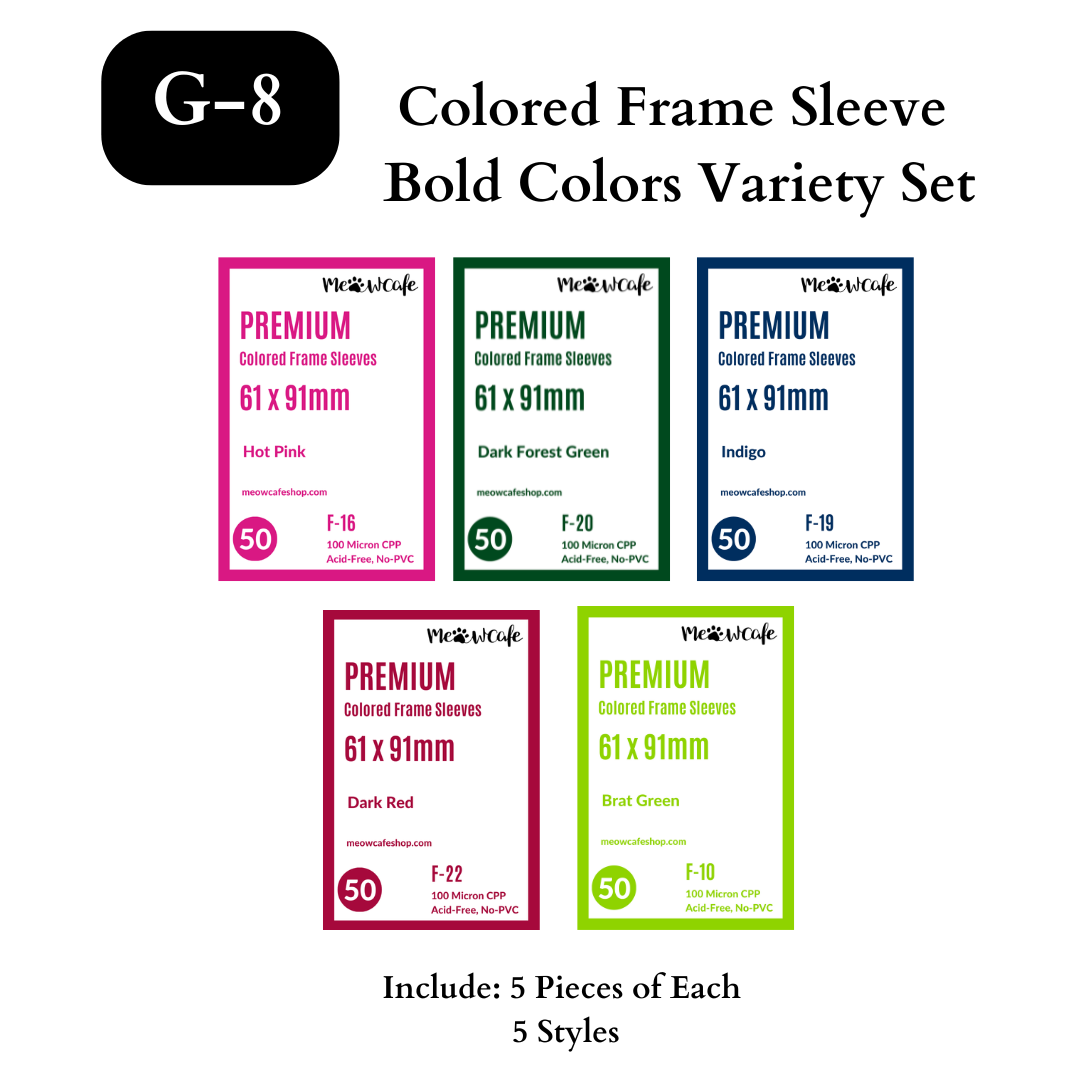Meowcafe Premium [61x91 mm] Colored Frame Sleeves - Colored Frame Front + Clear Back For Special Visual Representation - Bold Colors Variety Packs of 5 Colors Sample Set
