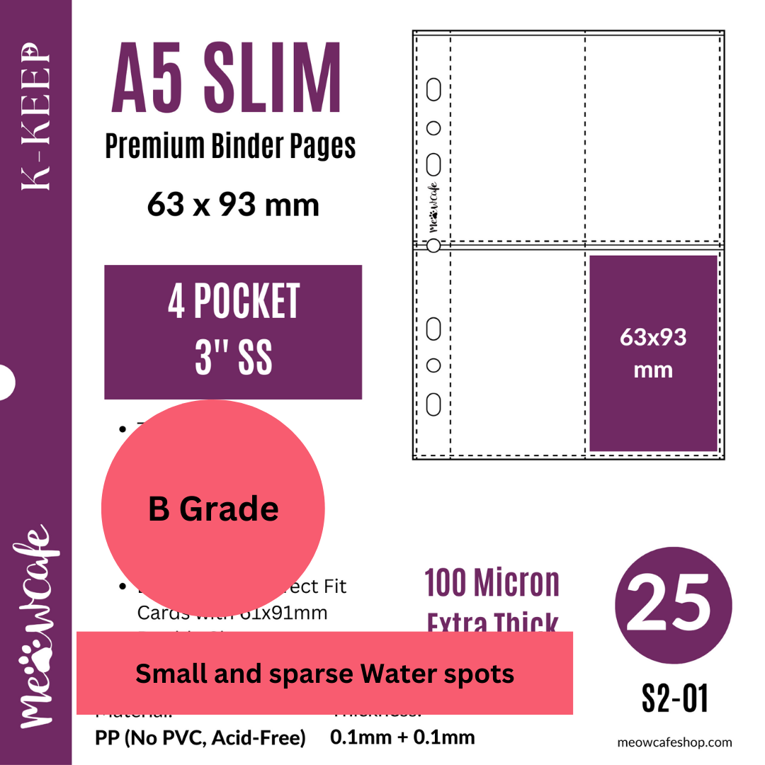 [B Grade] K-KEEP [A5 Slim] 4 Pocket - 63x93mm Single-Sided 7 Holes Premium Binder Pages, Double Sleeve Perfect Fit, 100 Micron Thick, High Definition (Pack of 25) S2-01