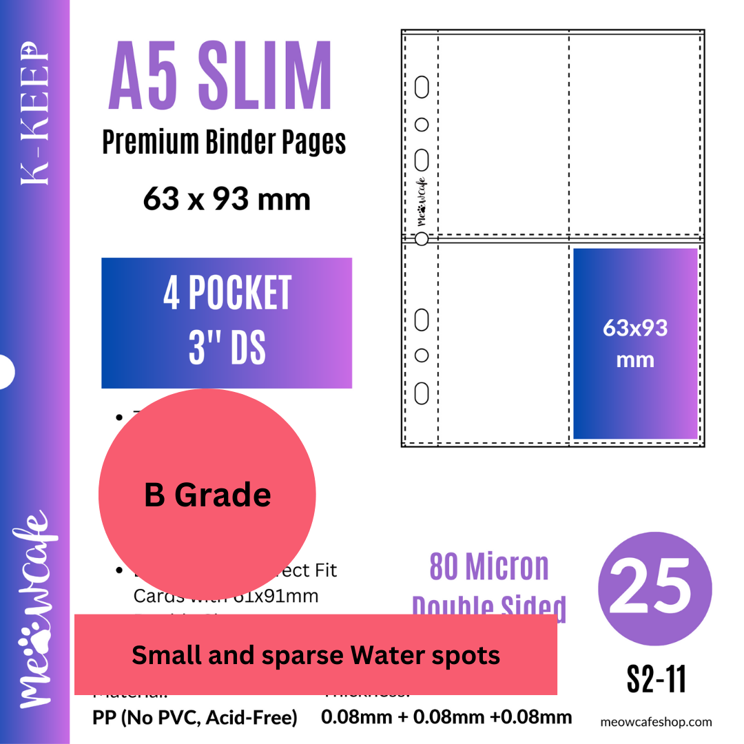 [B Grade] K-KEEP [A5 Slim] 4 Pocket - 63x93mm Double Sided Page. 7 Holes Premium Binder Pages, Double Sleeve Perfect Fit, 100 Micron Thick, High Definition (Pack of 25) S2-11