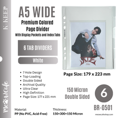 K-KEEP [A5 Wide] -  Premium Colored Page Divider With Display Pockets and Index Tabs - Extra Thick Page Divider (6 Tabs Set)