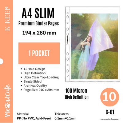 K-KEEP [A4 Slim] - Custom Inclusion Page - 1 Pocket (194 x 280mm)- Premium Single Sided Top-loading Pages Generic Fit into Both A4 3/4 Ring Binder (Pack of 10)(C-01)