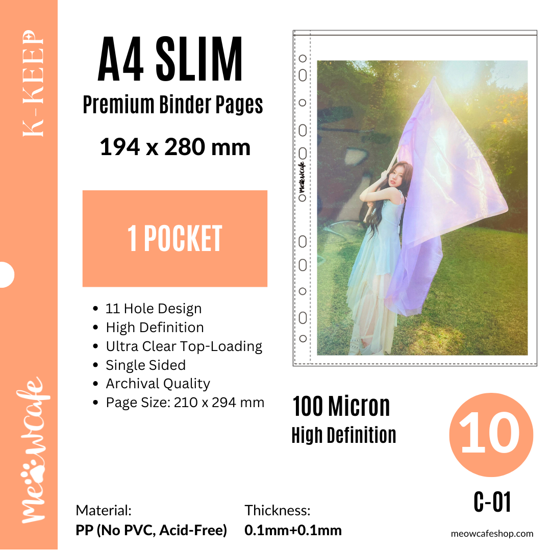 K-KEEP [A4 Slim] - Custom Inclusion Page - 1 Pocket (194 x 260mm)- Premium Single Sided Top-loading Pages Generic Fit into Both A4 3/4 Ring Binder (Pack of 10)(C-01)