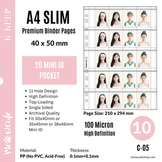 K-KEEP [A4 Slim] - Custom Inclusion Page - 20 Pocket Mini ID(40x50 mm)- Premium Single-Sided Top-loading Pages (Pack of 10)(C-05)