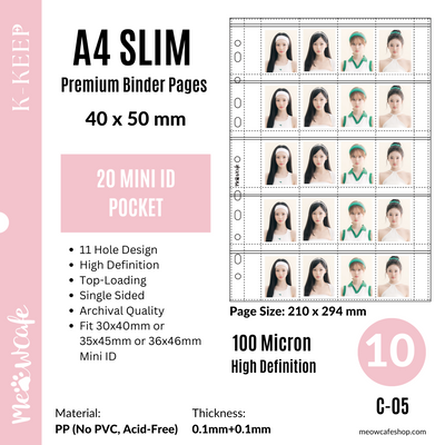 K-KEEP [A4 Slim] - Custom Inclusion Page - 20 Pocket Mini ID(40x50 mm)- Premium Single-Sided Top-loading Pages (Pack of 10)(C-05)