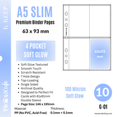 (Coming on October)[Soft Glow Series] K-KEEP [A5 Slim] 4 Pocket - 63x93mm Single-Sided 7 Holes Premium Binder Pages, Double Sleeve Perfect Fit, 100 Micron Thick (Pack of 10) G-01