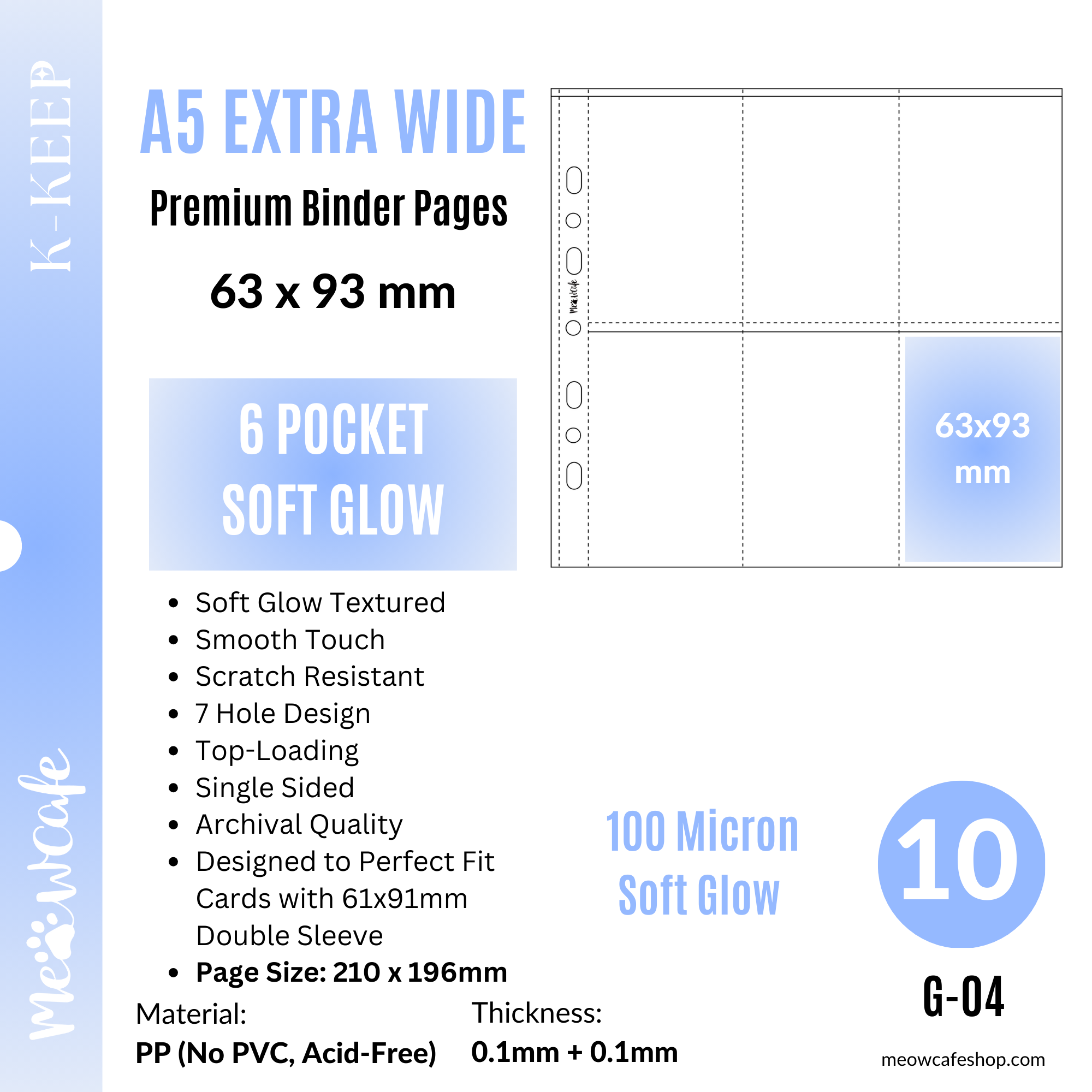 [Soft Glow Series] K-KEEP [A5 Extra Wide] 6 Pocket Slim- 63x93mm Single-Sided 7 Holes Premium Binder Pages, Double Sleeve Perfect Fit, 100 Micron Thick (Pack of 10) G-04