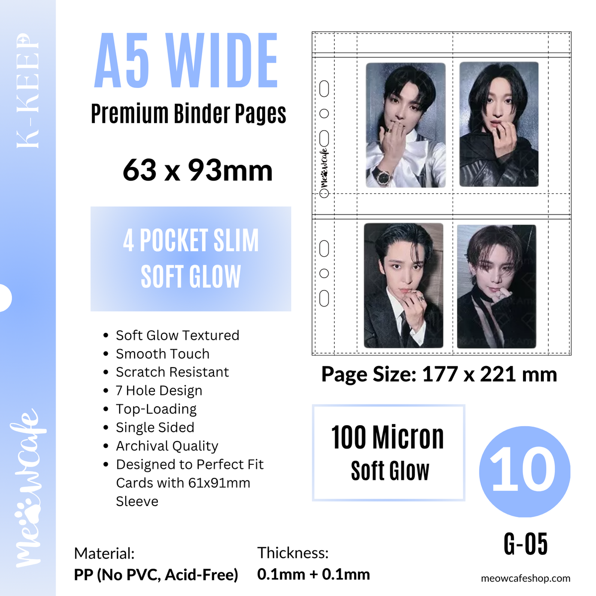 [PRE ORDER] [Ship on Sept 15th] [Soft Glow Series] K-KEEP [A5 Wide] 4 Pocket Slim - 63x93mm Single-Sided 7 Holes Premium Binder Pages,100 Micron Thick (Pack of 10) G-05