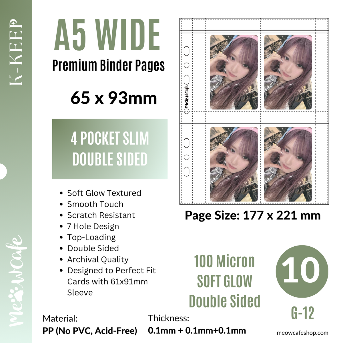 [PRE ORDER] [Ship on Sept 15th] [Soft Glow Series][Double Sided] K-KEEP [A5 Wide] 4 Pocket Slim - 65x93mm 7 Holes Premium Binder Pages,100 Micron Thick (Pack of 10) G-12