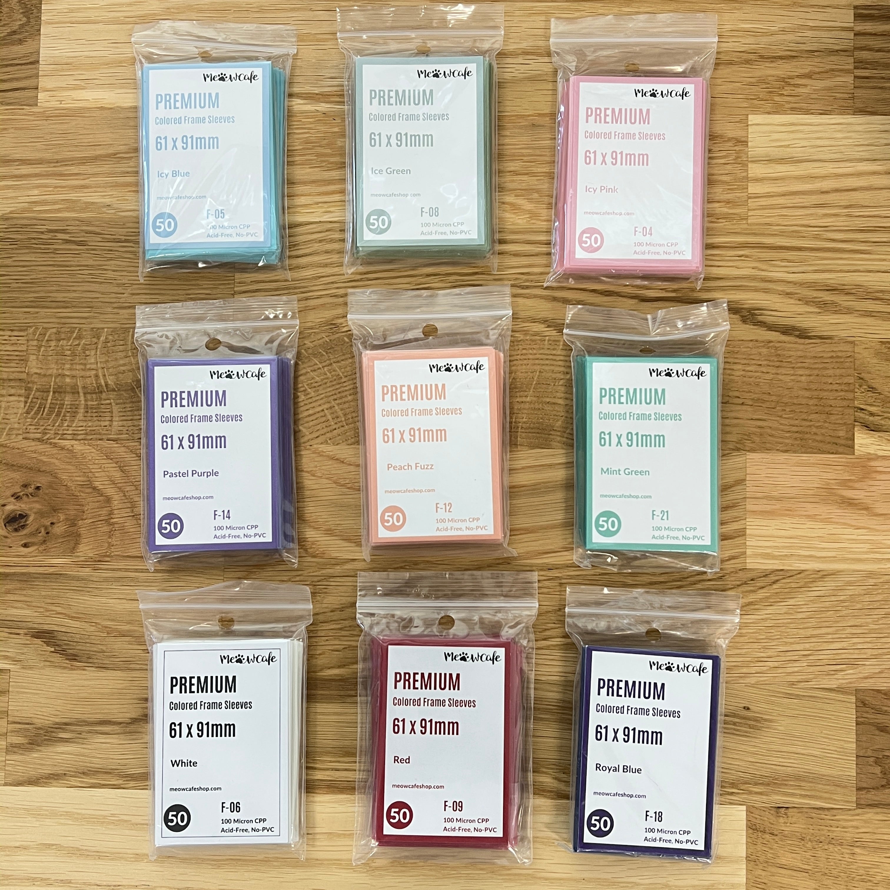 Meowcafe Premium [61x91 mm] Colored Frame Sleeves - Colored Frame Front + Clear Back For Special Visual Representation - 9 TWICE Colors Set of 450 Sleeves