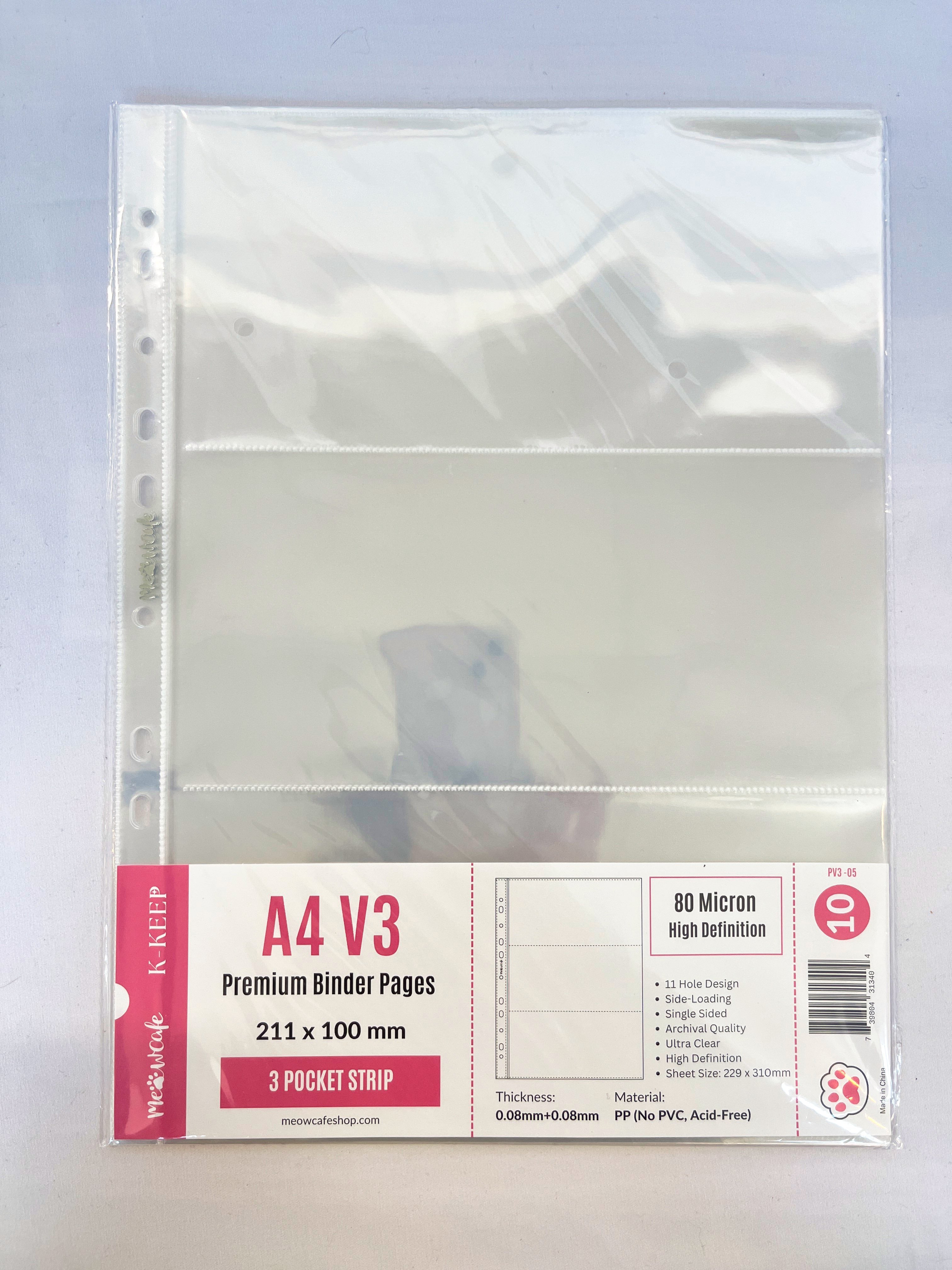 K-KEEP [A4 V3] -  3 Pocket (Strip)- 11 Holes Premium Binder Pages, 80 Micron Thick, High Definition (Pack of 10) - (PV3-05)