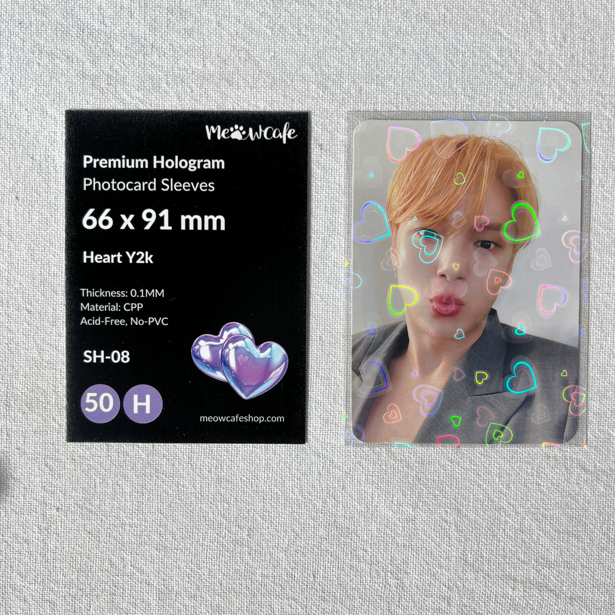 [66x91 mm] Meowcafe Premium Holographic CPP Photocard Sleeve - [Hologram Heart Y2K] (SH-08)