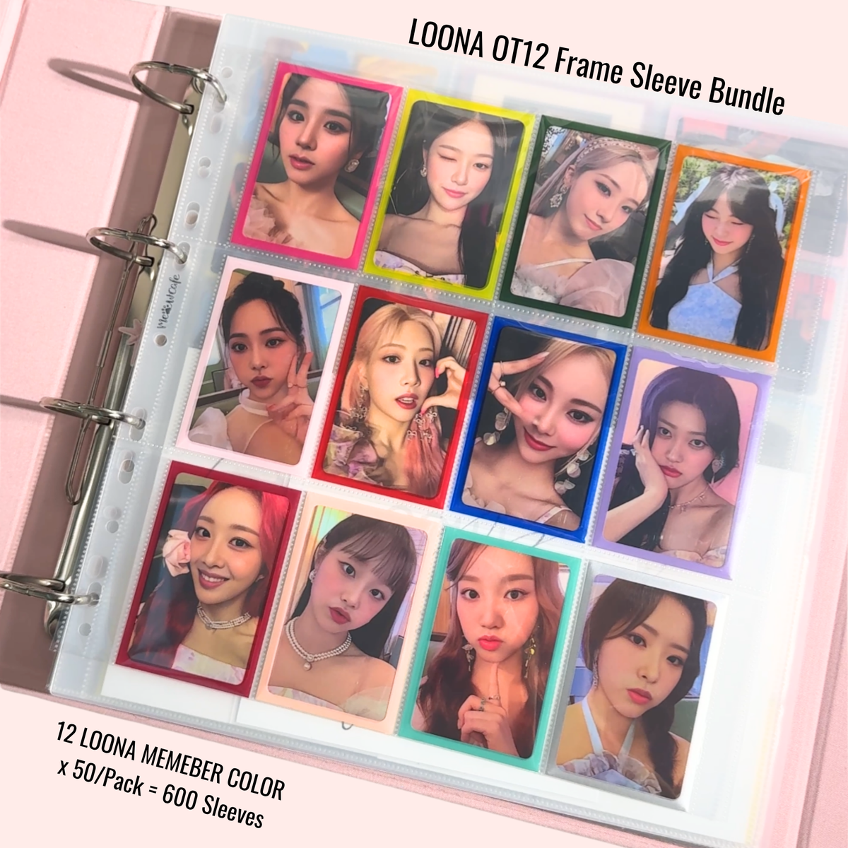 [PRE ORDER] [Ship on Sept 30th] Meowcafe Premium [61x91 mm] Colored Frame Sleeves - Colored Frame Front + Clear Back For Special Visual Representation - 12 Loona Colors Set of 600 Sleeves