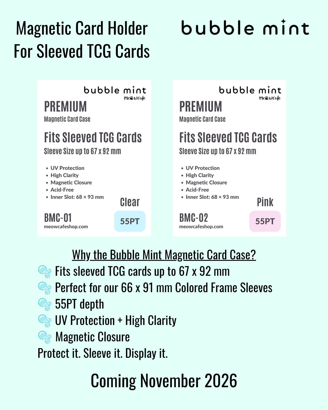 [PRE ORDER] [Ship on Oct 30th][For TCG Card] [UV Blocking] Bubble Mint by Meowcafe Premium Magnetic Card Case - Strong, High Clarity Holder Designed to Fit Sleeved & Double Sleeved TCG Cards (Sleeve up to 67x92 mm), Acid Free, 55PT