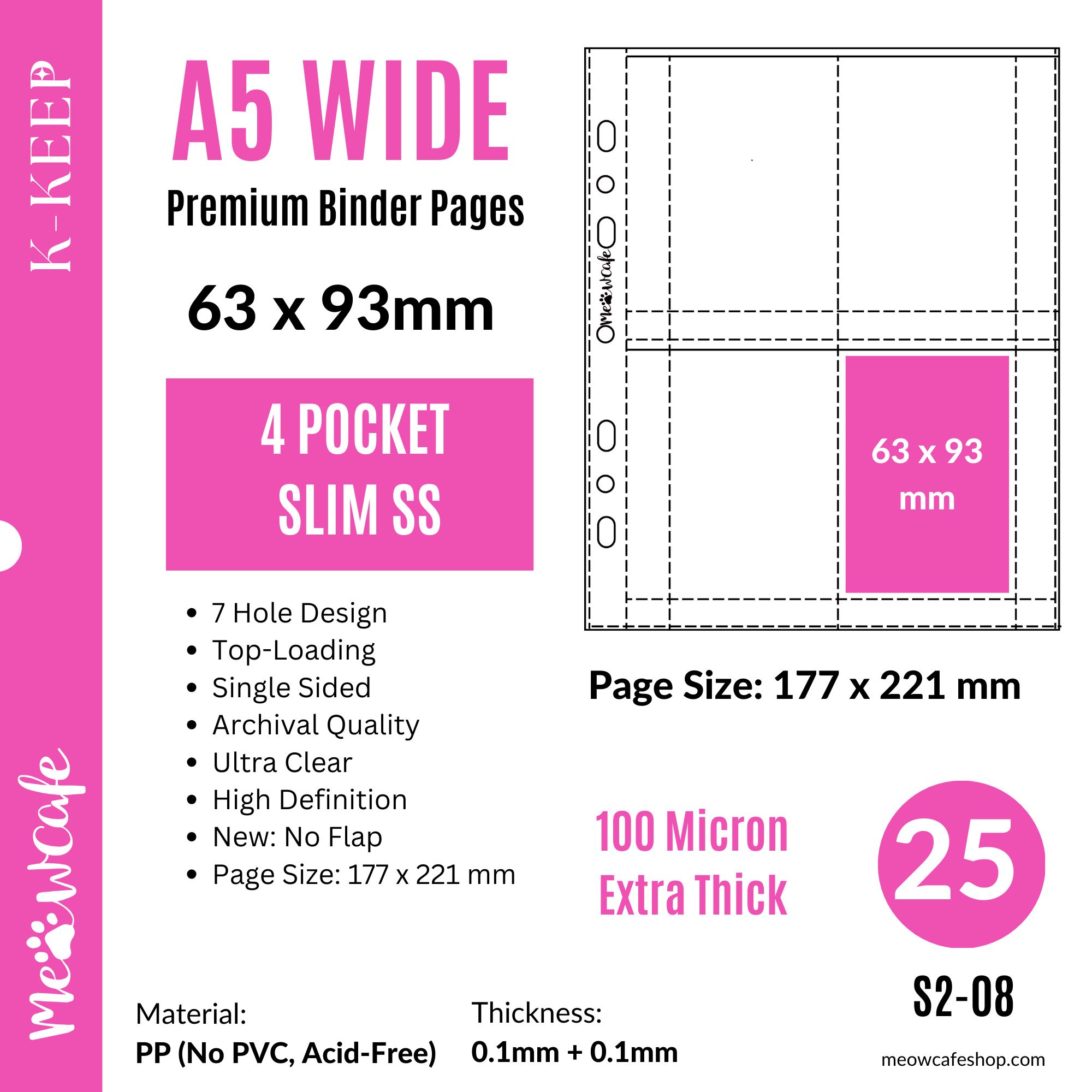 (Restock on March 20) K-KEEP [A5 Wide] -  4 Pocket Slim (63x93mm)- 7 Holes Premium Binder Pages, 100 Micron Thick, High Definition (Pack of 25)