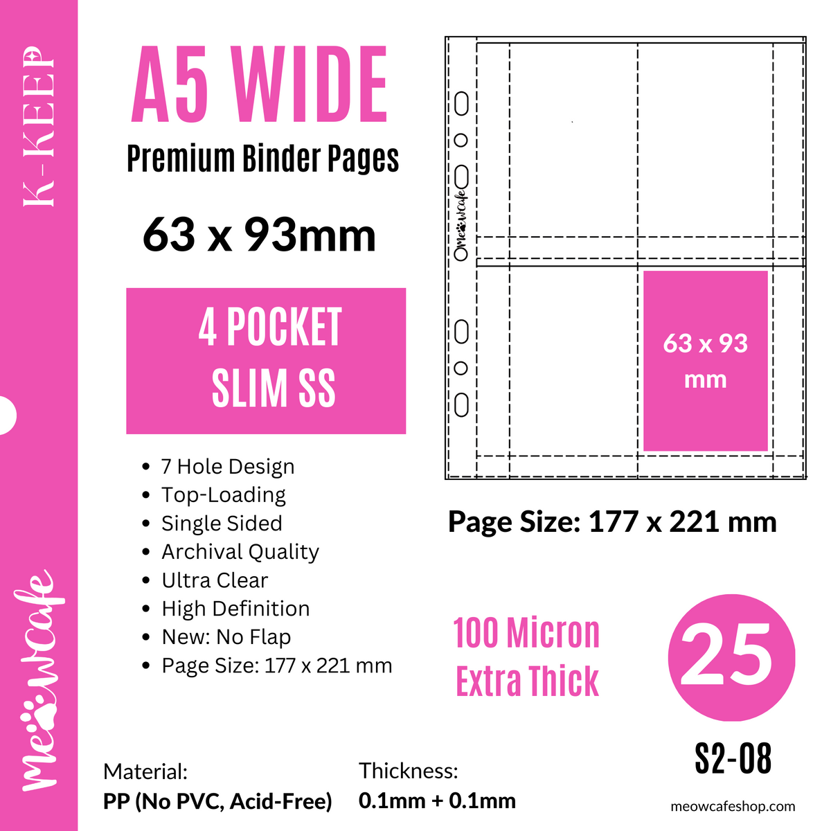 K-KEEP [A5 Wide] -  4 Pocket Slim (63x93mm)- 7 Holes Premium Binder Pages, 100 Micron Thick, High Definition (Pack of 25)