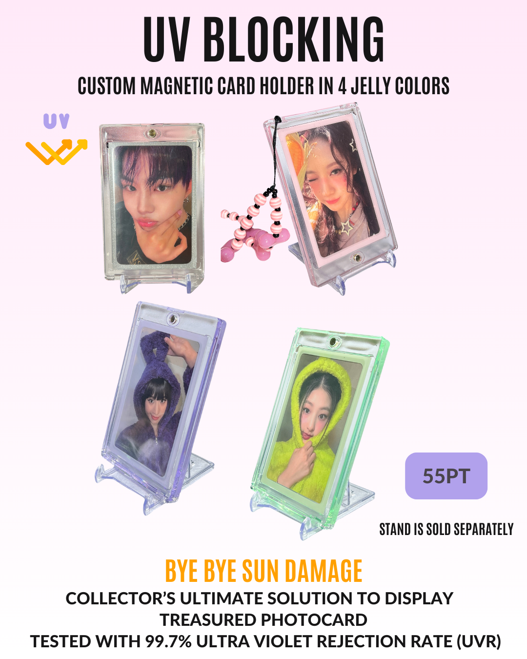 [UV Blocking] Premium Magnetic Card Holder -Strong, High Clarity Custom Photocard Holder Designed to Perfect Fit 61x91mm Double Sleeved Kpop Photocard, Acid Free, 55PT (fit instax mini Polaroid)