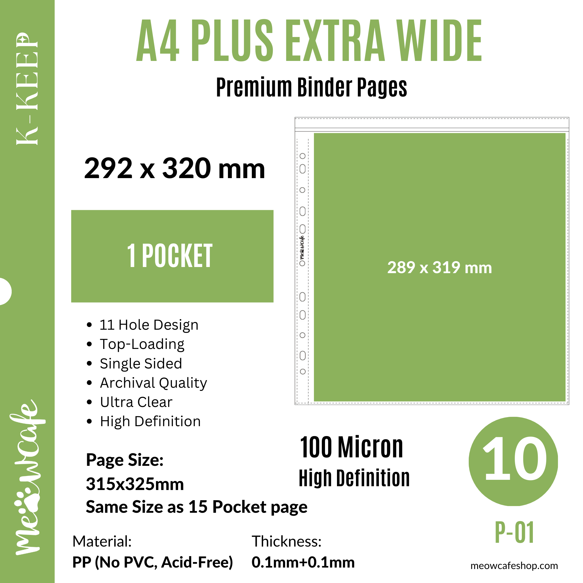 K-KEEP [A4 PLUS Extra Wide] - Custom Inclusion Pages - 1 Pocket (289x319mm) - 11 Holes Premium Binder Pages, 100 Micron Thick, High Definition (Pack of 10) (P-01)