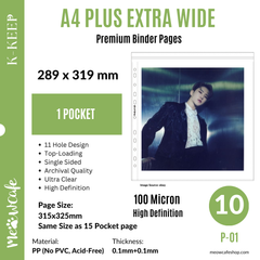 K-KEEP [A4 PLUS Extra Wide] - Custom Inclusion Pages - 1 Pocket (289x319mm) - 11 Holes Premium Binder Pages, 100 Micron Thick, High Definition (Pack of 10) (P-01)