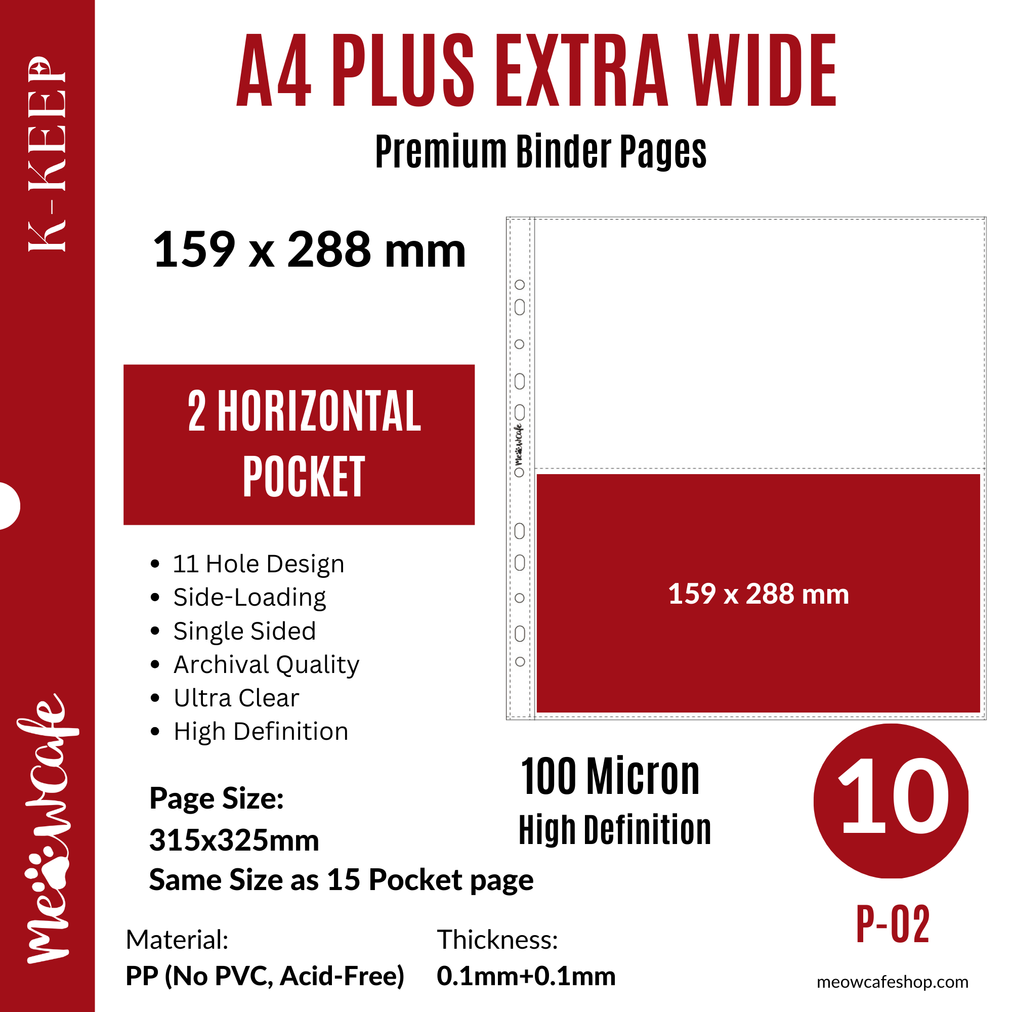 K-KEEP [A4 PLUS Extra Wide] - Custom Inclusion Page - 2 Pocket (159x288mm) - 11 Holes Premium Binder Pages, 100 Micron Thick, High Definition (Pack of 10) (P-02)