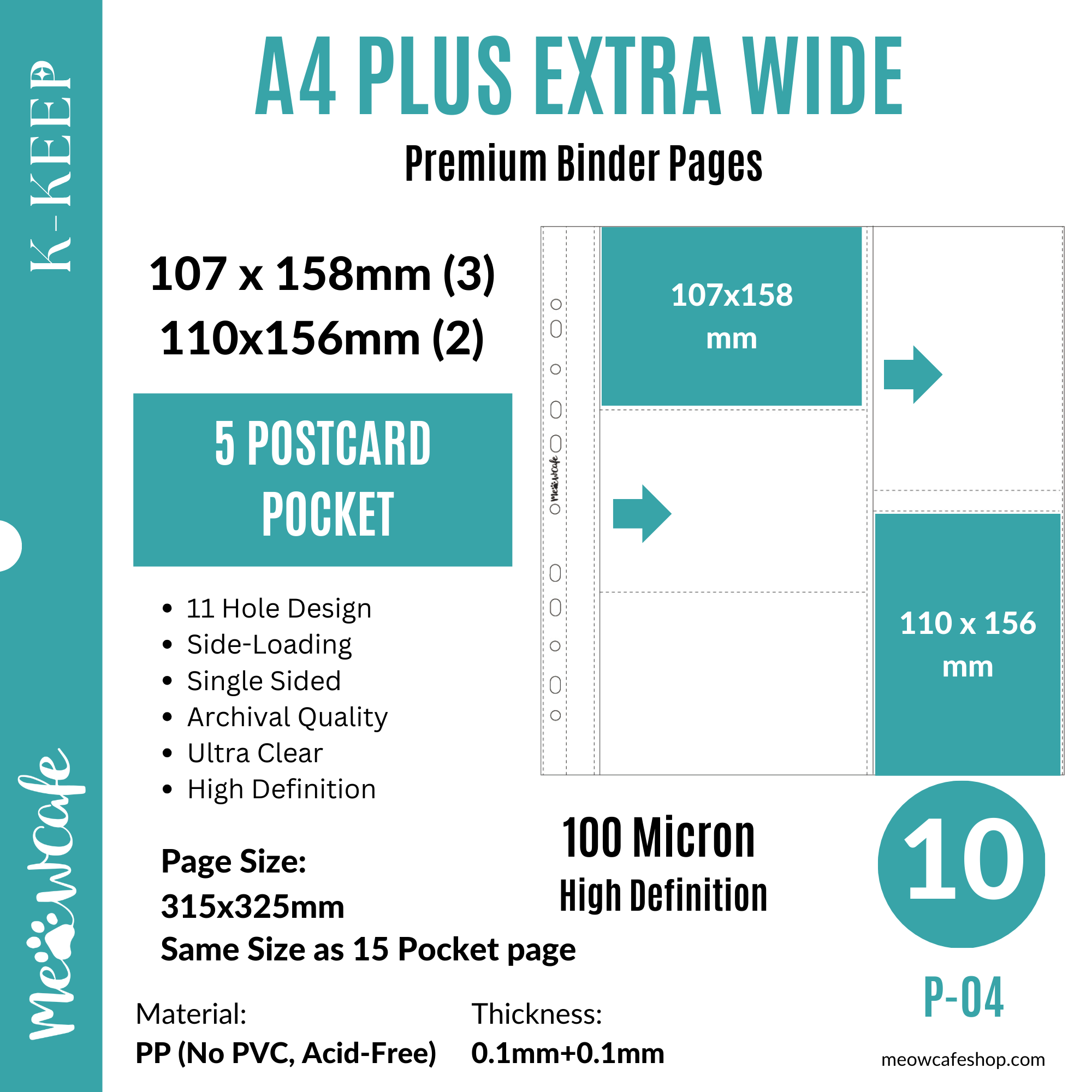 K-KEEP [A4 PLUS Extra Wide] - Custom Inclusion Pages - 5 Postcard Page - 11 Holes Premium Binder Pages, 100 Micron Thick, High Definition (Pack of 10) (P-04)