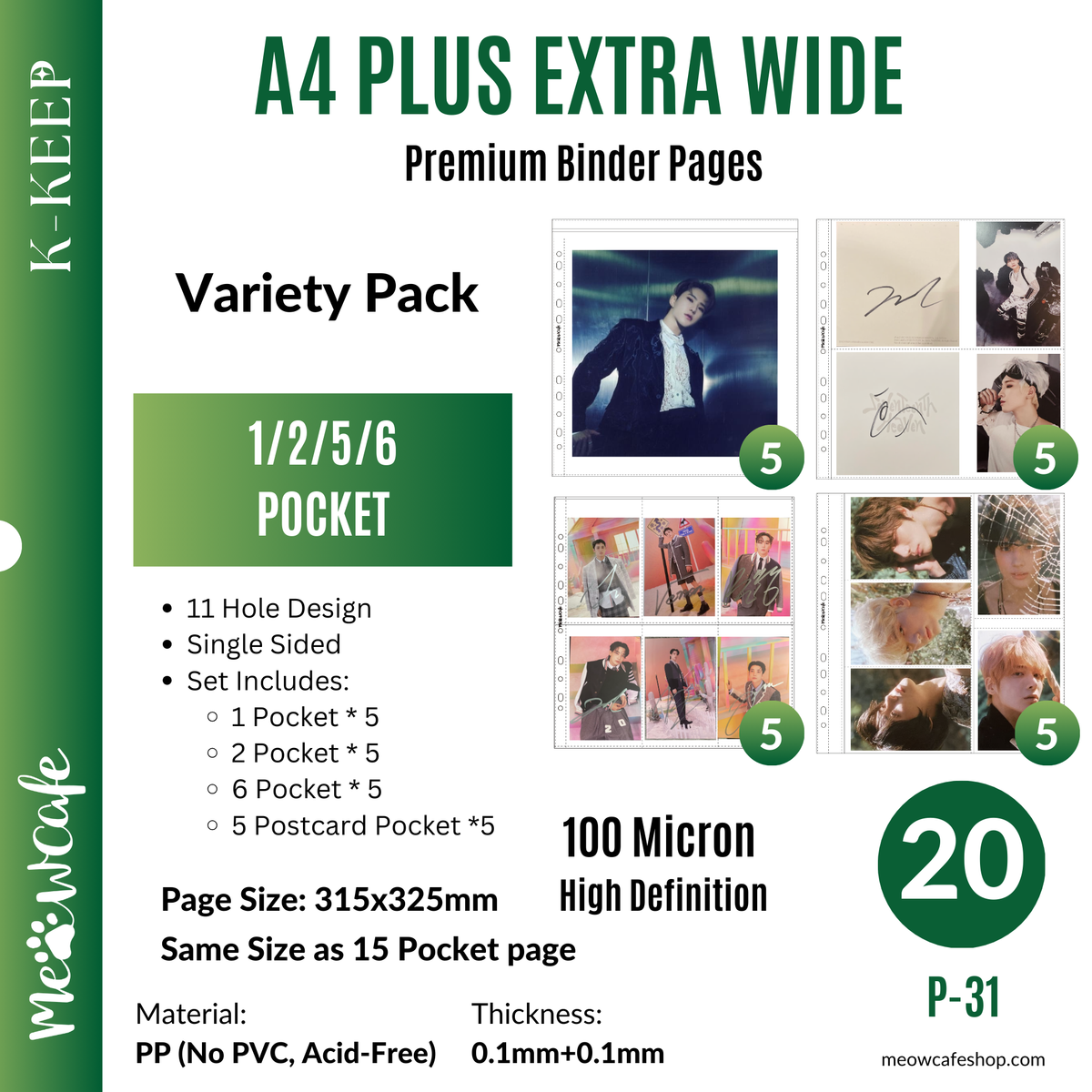 (Valued Bundle) K-KEEP [A4 PLUS Extra Wide] - Custom Inclusion Pages - Variety Pack of 1/2/5/6 Pocket Page- 11 Holes Premium Binder Pages, 100 Micron Thick, High Definition (Pack of 20, 5 Pages Each Style x 4 Styles) (P-31)