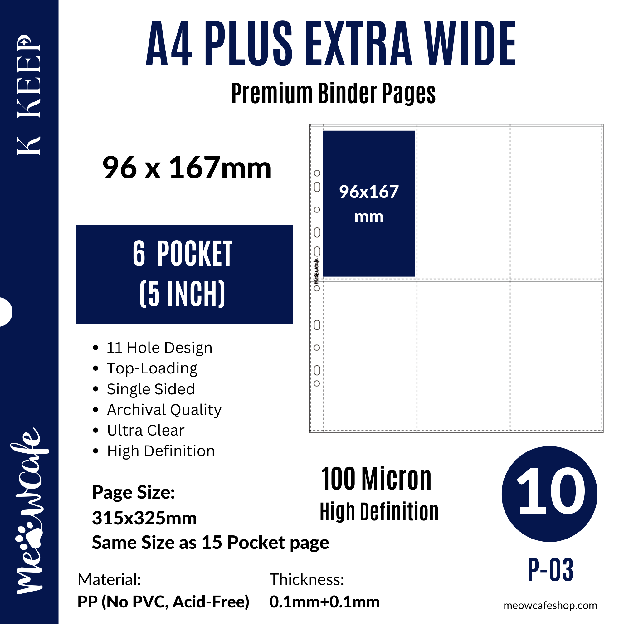 K-KEEP [A4 PLUS Extra Wide] - Custom Inclusion Pages - 6 Kit Photocard Page (96x157mm)- 11 Holes Premium Binder Pages, 100 Micron Thick, High Definition (Pack of 10) (P-03)