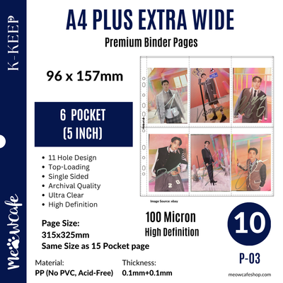 K-KEEP [A4 PLUS Extra Wide] - Custom Inclusion Pages - 6 Kit Photocard Page (96x157mm)- 11 Holes Premium Binder Pages, 100 Micron Thick, High Definition (Pack of 10) (P-03)