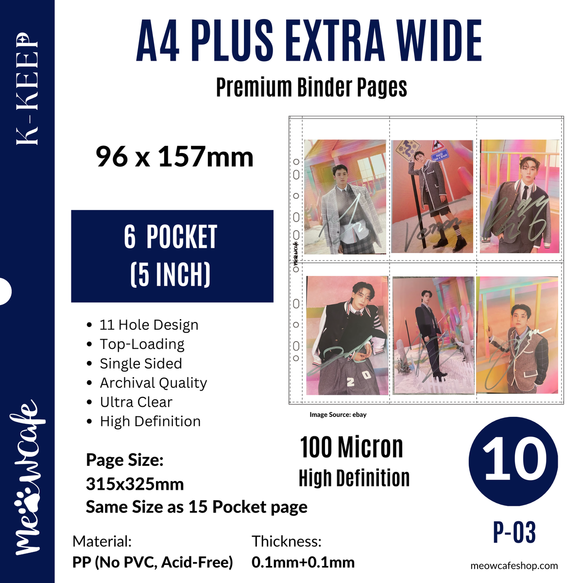 K-KEEP [A4 PLUS Extra Wide] - Custom Inclusion Pages - 6 Kit Photocard Page (96x157mm)- 11 Holes Premium Binder Pages, 100 Micron Thick, High Definition (Pack of 10) (P-03)