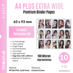 [Toploading Version] K-KEEP [A4 PLUS Extra Wide] - 15 Pocket (63x93mm) - 11 Holes Premium Binder Pages, 100 Micron Thick, High Definition (Pack of 10) - (P-05)