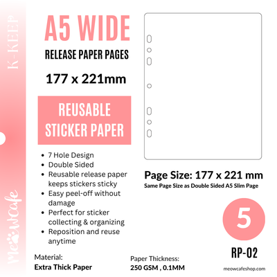 [PRE ORDER][Ship on Aug 30th] K-KEEP [A5 Wide] - Release Paper Pages Extra Thick Reusable Sticker paper (Pack of 5)