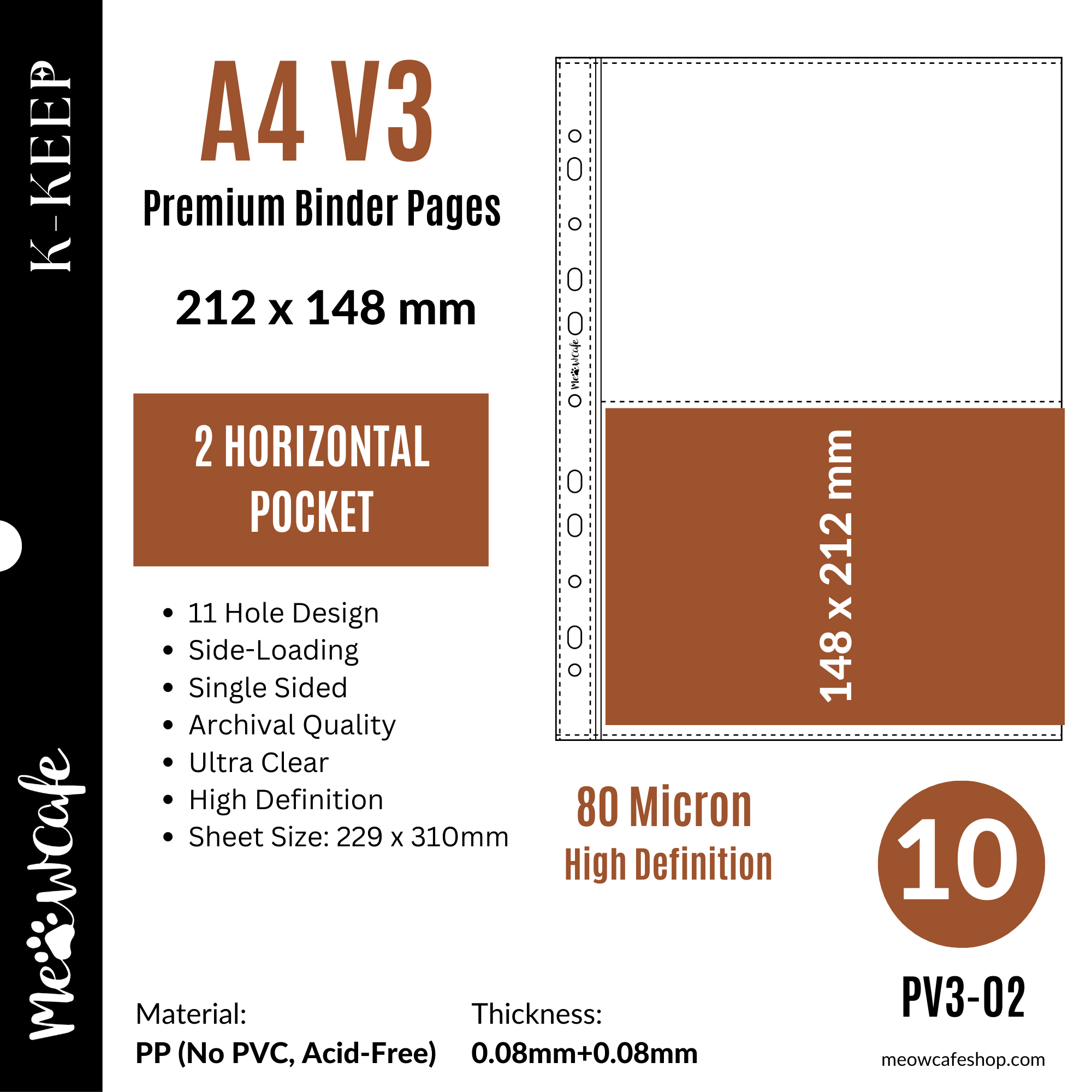 K-KEEP [A4 V3] -  2 Horizontal Pocket- 11 Holes Premium Binder Pages, 80 Micron Thick, High Definition (Pack of 10) - (PV3-02)