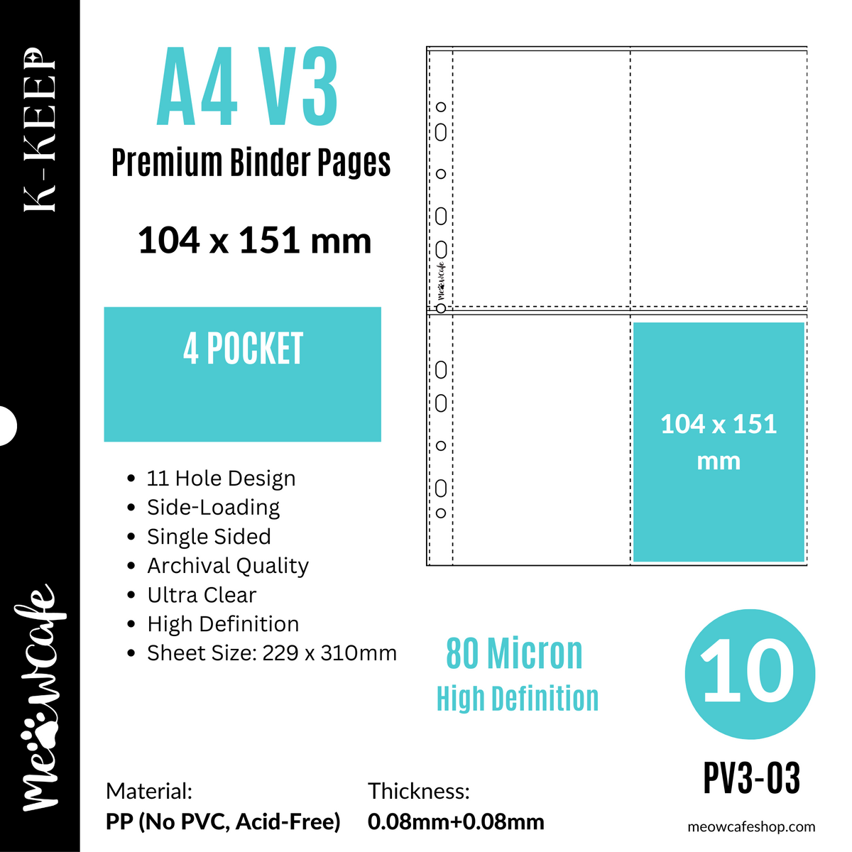 K-KEEP [A4 V3] -  4 Pocket (Postcard) - 11 Holes Premium Binder Pages, 80 Micron Thick, High Definition (Pack of 10) - (PV3-03)