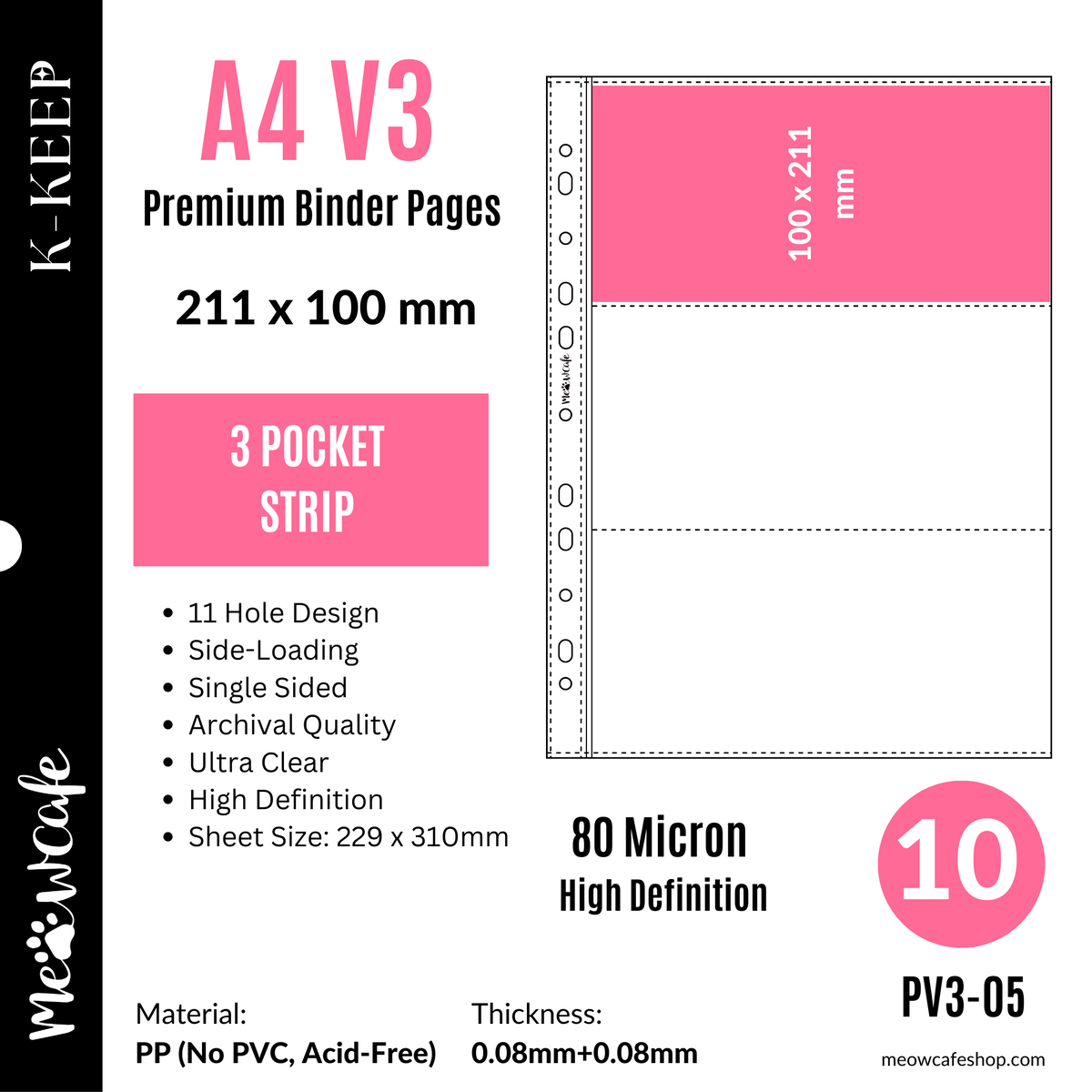 K-KEEP [A4 V3] -  3 Pocket (Strip)- 11 Holes Premium Binder Pages, 80 Micron Thick, High Definition (Pack of 10) - (PV3-05)