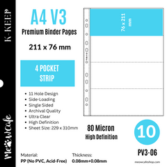 K-KEEP [A4 V3] -  4 Pocket (Strip)- 11 Holes Premium Binder Pages, 80 Micron Thick, High Definition (Pack of 10) - (PV3-06)