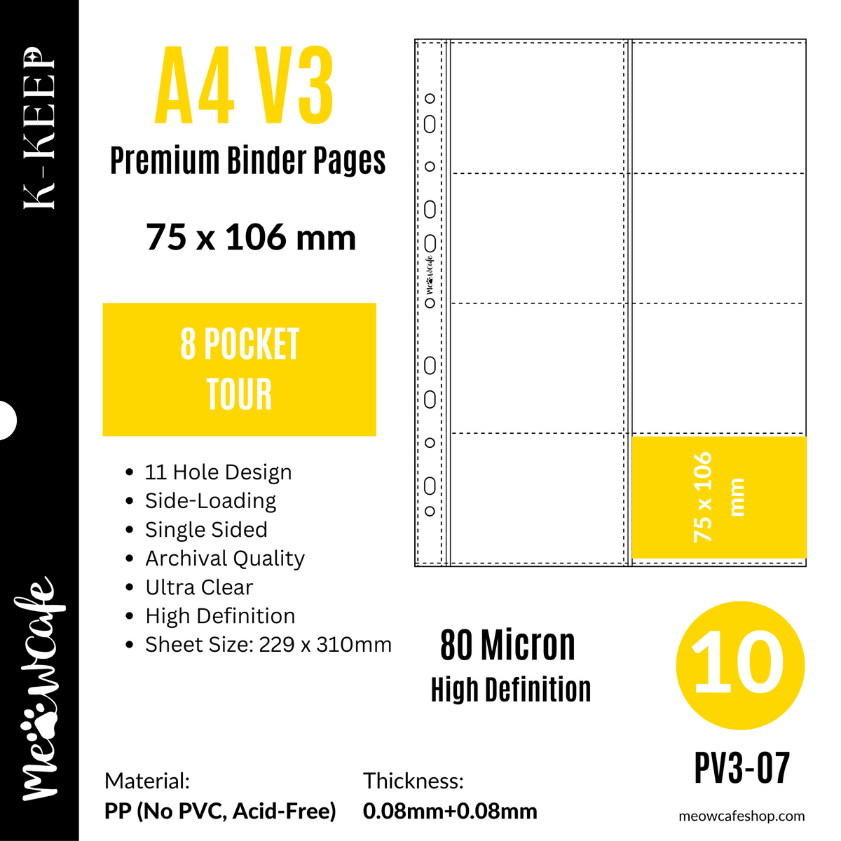 K-KEEP [A4 V3] -  8 Pocket (Tour) - 11 Holes Premium Binder Pages, 80 Micron Thick, High Definition (Pack of 10) - (PV3-07)