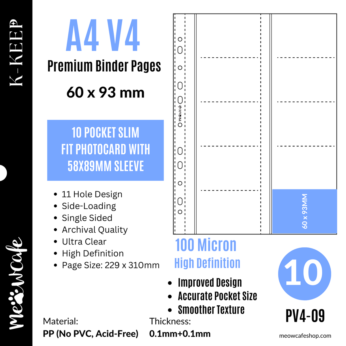 K-KEEP [A4 V4] -  10 Pocket Slim (60x93mm) - 11 Holes Premium Binder Pages, 100 Micron Thick, High Definition (Pack of 10) - (PV4-09)