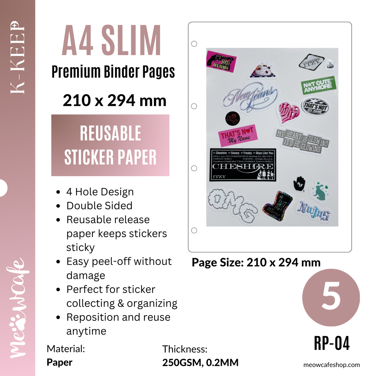 [Sticker Storage] K-KEEP [A4 Slim] - Release Paper Pages (210x294mm) - 4 Holes Double-Sided Reusable Sticker Release Paper, 250gsm Extra Thick Card Stock (Pack of 5) - (RP-04) Fits K-KEEP A4 Binders, for Kpop Deco & Sticker Collecting