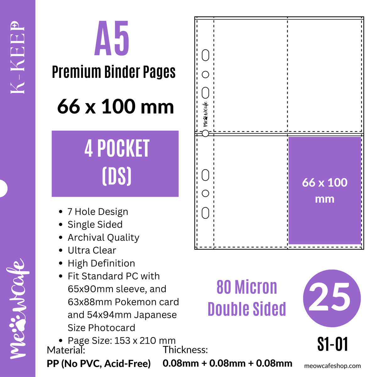 K-KEEP [A5] 7 Holes Double sided Premium Binder Pages, 100 Micron Thick, High Definition (Pack of 25)
