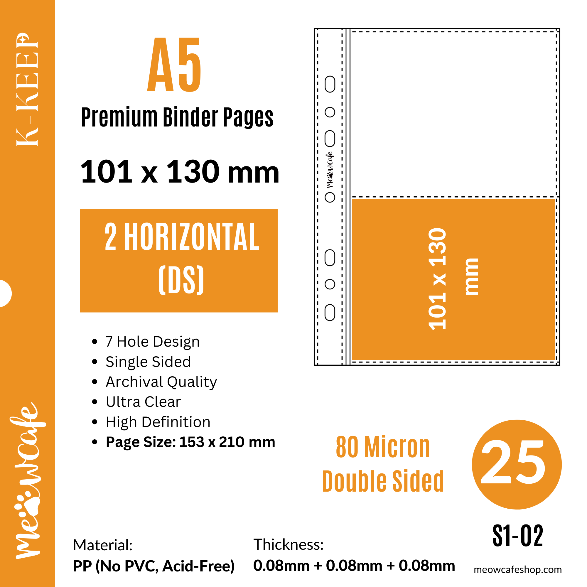 K-KEEP [A5] 7 Holes Double sided Premium Binder Pages, 100 Micron Thick, High Definition (Pack of 25)