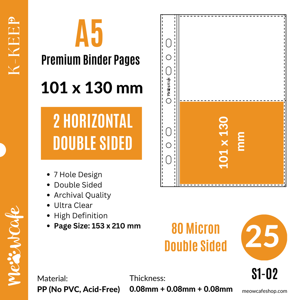[40% OFF Final Stock, No Restock] K-KEEP [A5] 7 Holes Double sided Premium Binder Pages, 80 Micron Thick, High Definition (Pack of 25)
