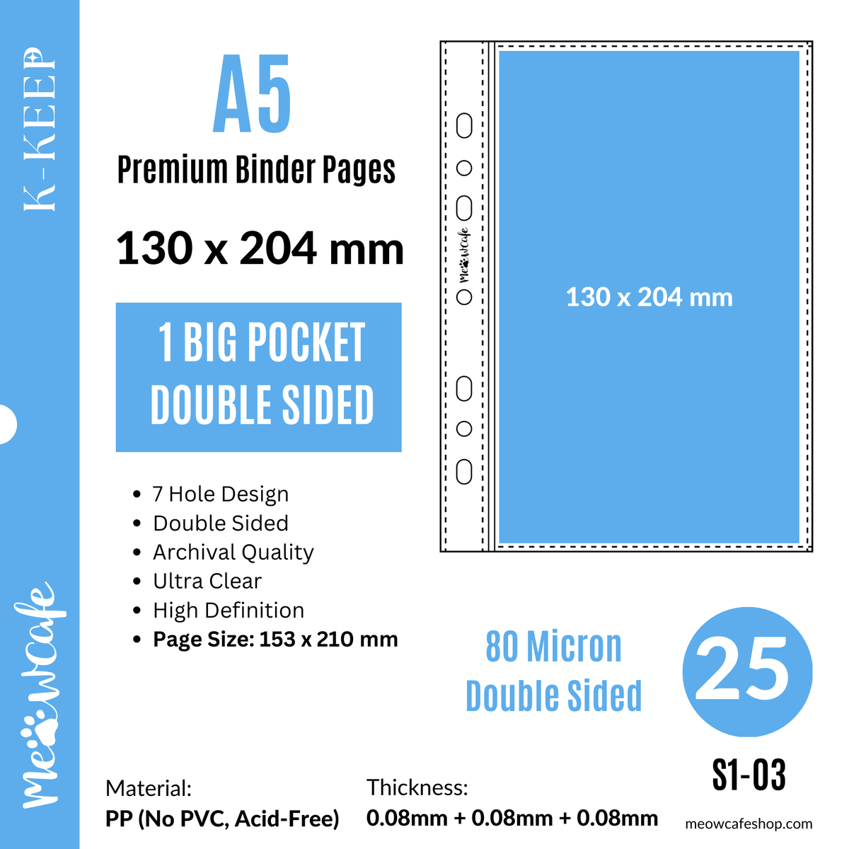 [40% OFF B Grade Final Stock, No Restock] K-KEEP [A5] 7 Holes Double sided Premium Binder Pages, 80 Micron Thick, High Definition (Pack of 25)