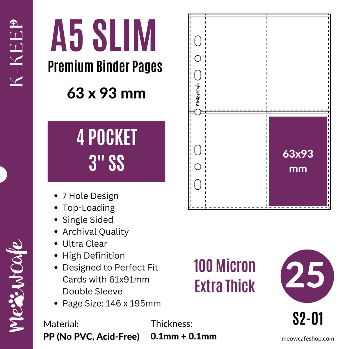 K-KEEP [A5 Slim] 4 Pocket - 63x93mm Single-Sided 7 Holes Premium Binder Pages, Double Sleeve Perfect Fit, 100 Micron Thick, High Definition (Pack of 25) S2-01