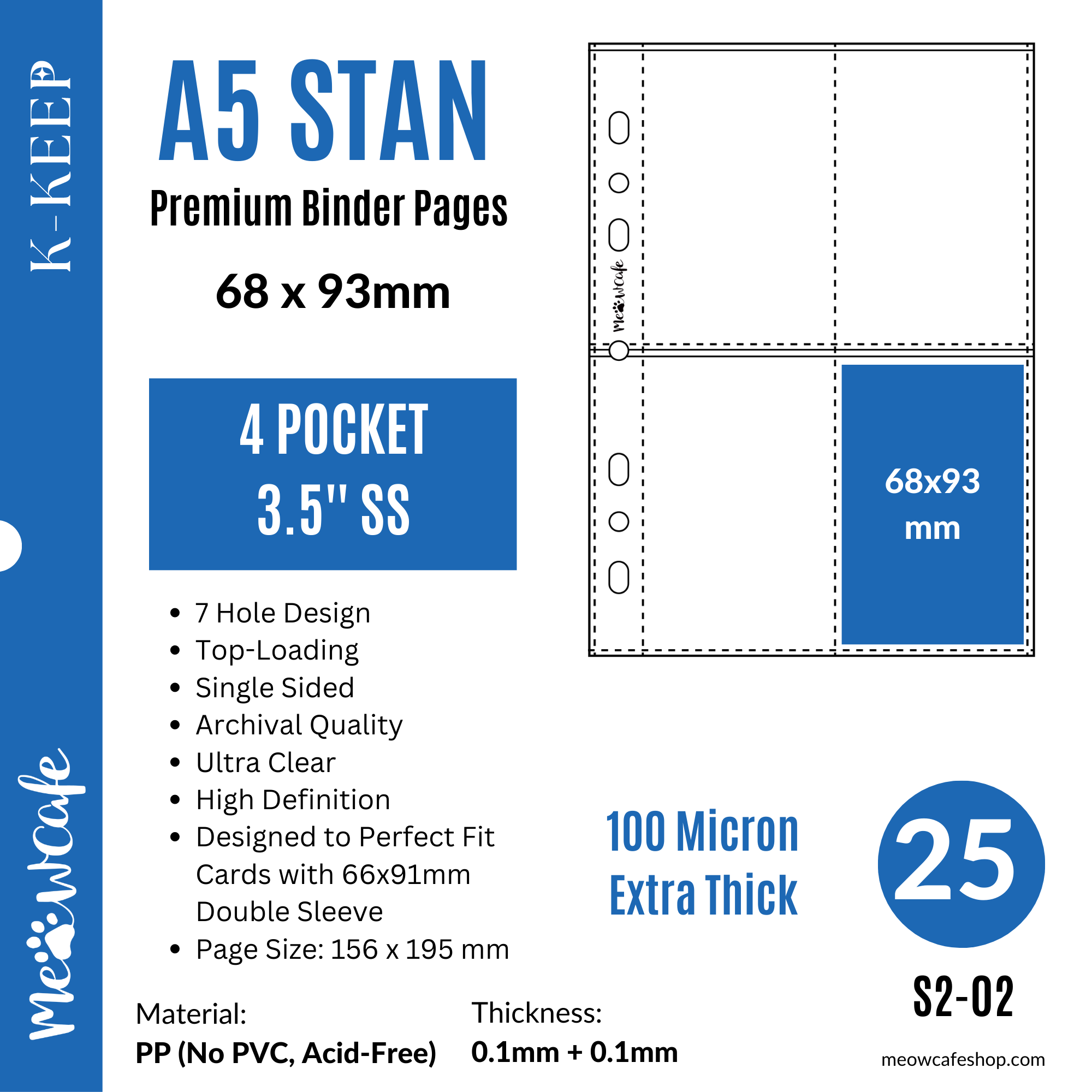 K-KEEP [A5 Standard] 4 Pockets 68x93mm- [For 66x91mm Sleeve] -7 Holes Premium Binder Pages, 100 Micron Thick, High Definition (Pack of 25) - S2-02