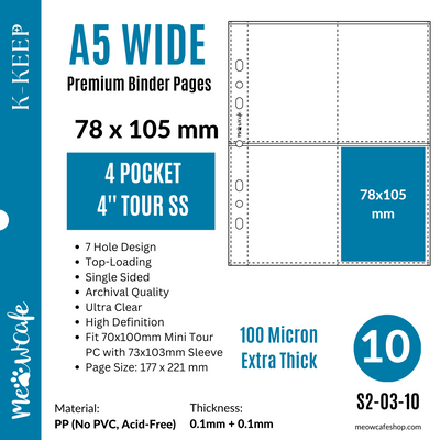 K-KEEP [A5 Wide] - 4 Pocket Tour 78x105MM, 7 Holes Premium Binder Pages, 100 Micron Thick, High Definition (Pack of 10) S2-03
