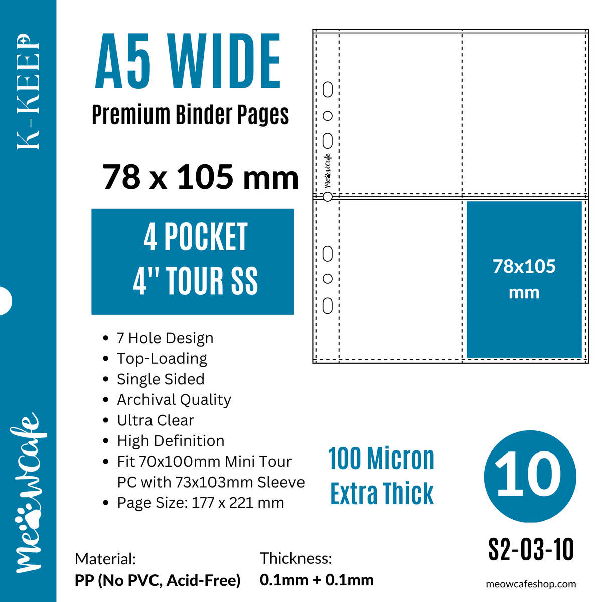 K-KEEP [A5 Wide] - 4 Pocket Tour 78x105MM, 7 Holes Premium Binder Pages, 100 Micron Thick, High Definition (Pack of 10)