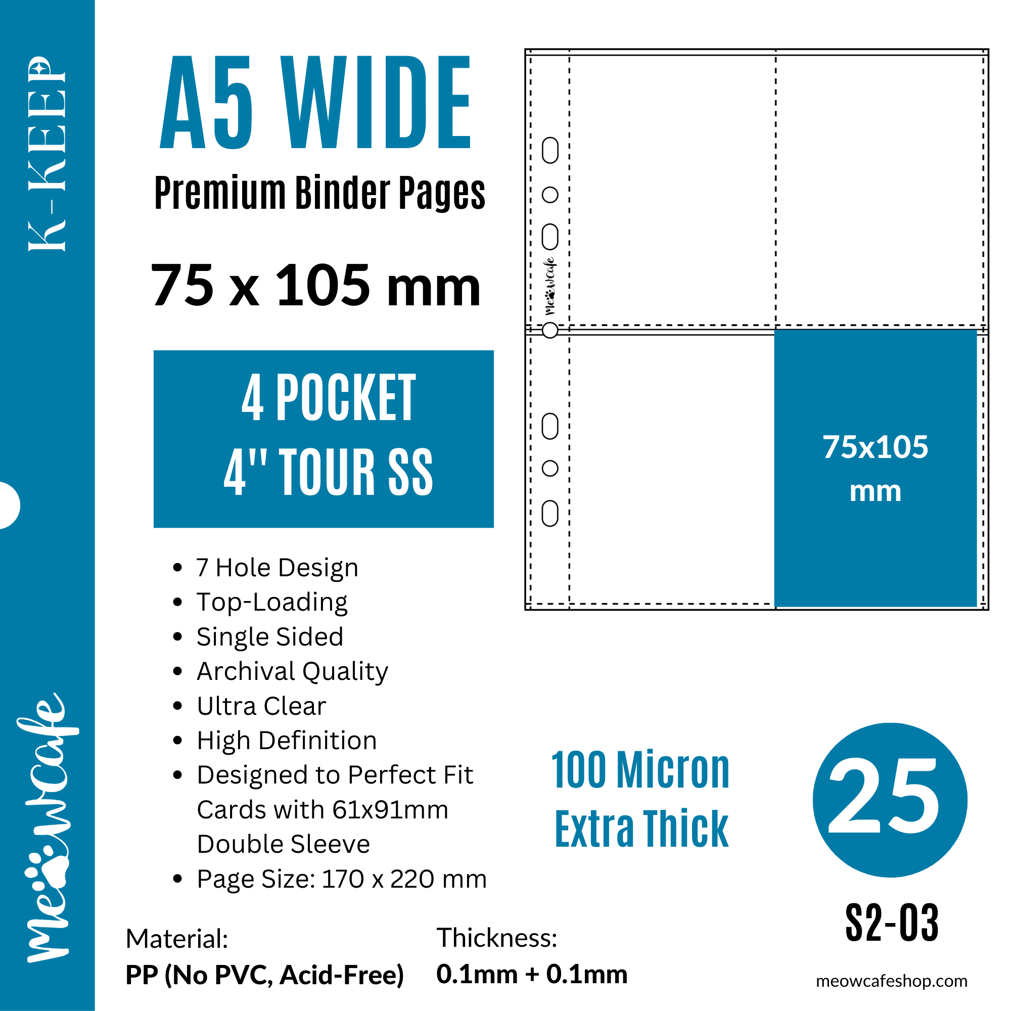 K-KEEP [A5 Wide] - 4 Pocket Tour 75x105MM, 7 Holes Premium Binder Pages, 100 Micron Thick, High Definition (Pack of 25)