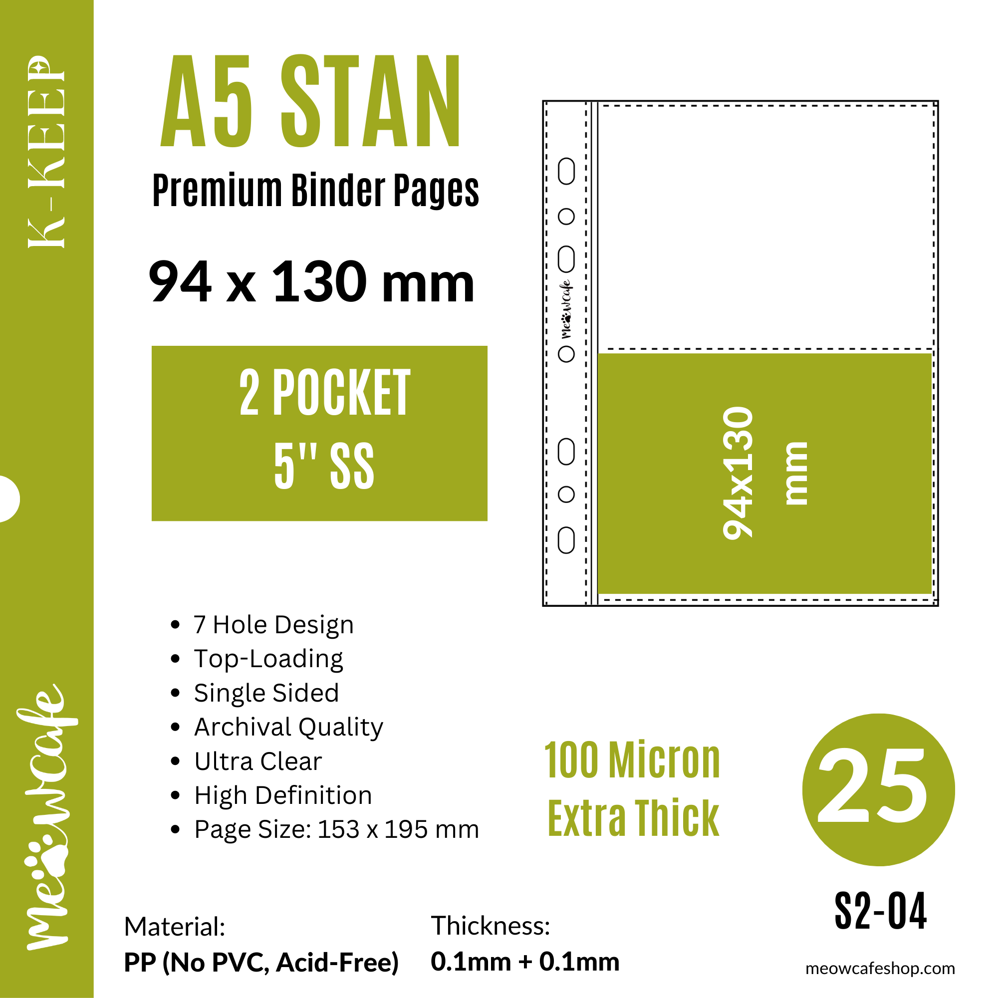 K-KEEP [A5 Standard] - 2 Pocket 5 inch (94x130mm)  - 7 Holes Premium Binder Pages, 100 Micron Thick, High Definition (Pack of 25) - S2-04