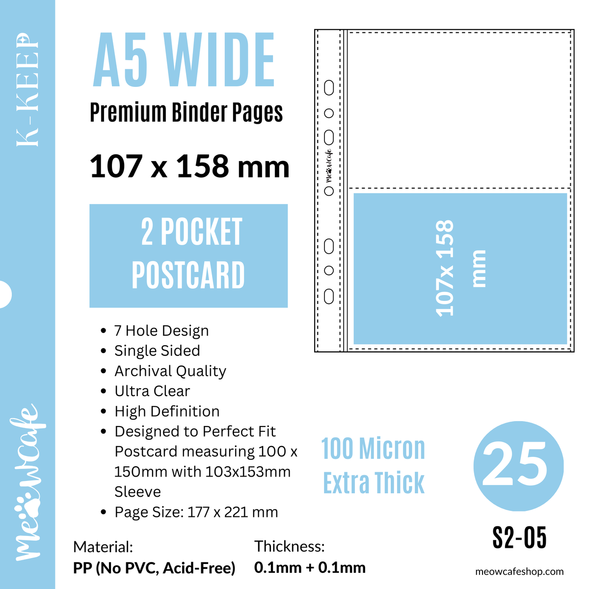 K-KEEP [A5 Wide] - 2 Pocket Postcard, 7 Holes Premium Binder Pages, 100 Micron Thick, High Definition (Pack of 25) - S2-05