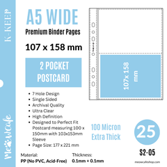 K-KEEP [A5 Wide] - 2 Pocket Postcard, 7 Holes Premium Binder Pages, 100 Micron Thick, High Definition (Pack of 25) - S2-05