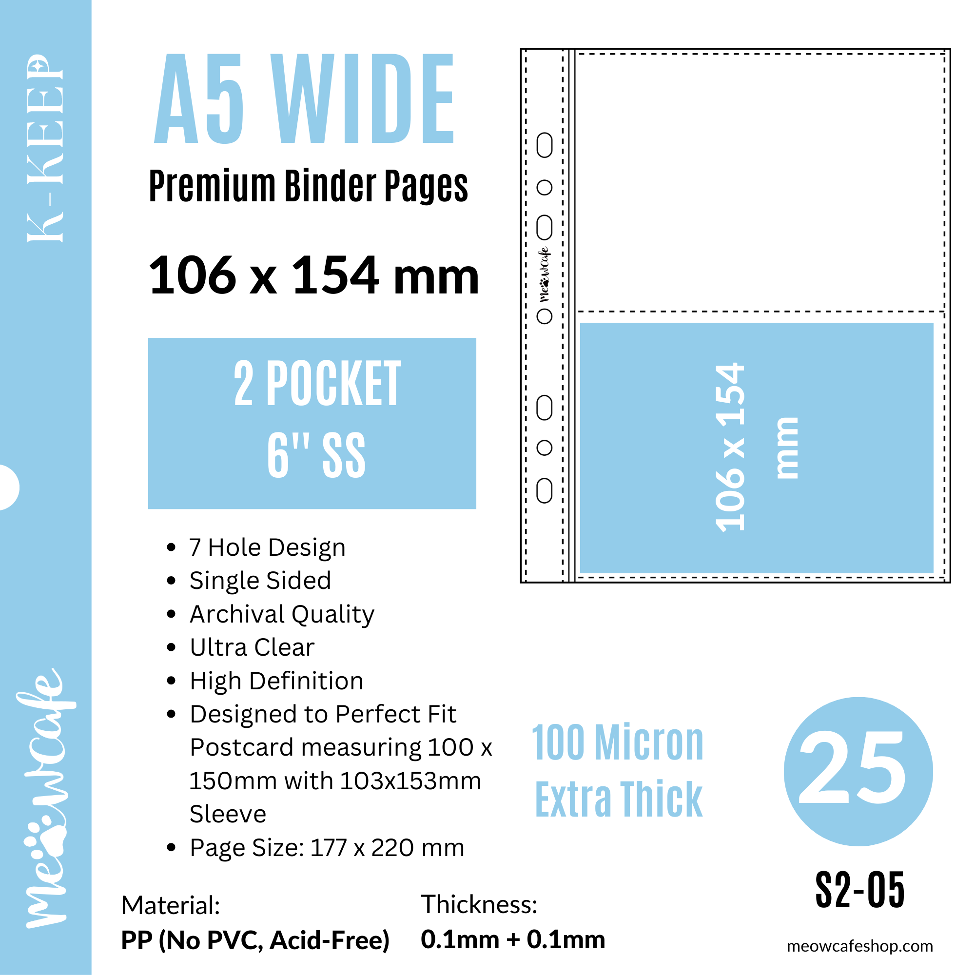 [B Grade] K-KEEP [A5 Wide] - 2 Pocket Postcard, 7 Holes Premium Binder Pages, 100 Micron Thick, High Definition (Pack of 25) - S2-05
